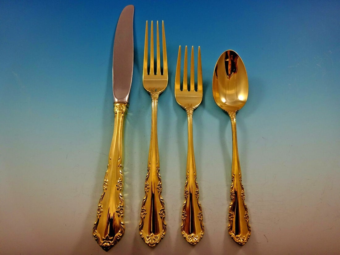 Wallace Shenandoah Vermeil 4-Piece Sterling Silver Place Setting: Wallace Shenandoah Vermeil 4-Piece Sterling Silver Place Setting Experience elegance with the Shenandoah Vermeil by Wallace, a stunning 4-piece sterling silver place setting. This exquisite set featur