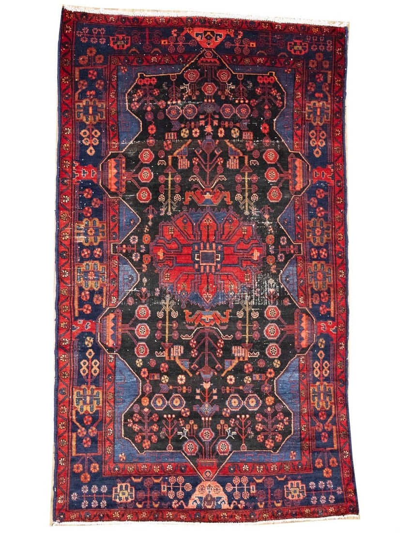 Hand-Knotted Wool Floral Tribal Area Rug 5'2 x 8'10: Hand-Knotted Wool Floral Tribal Area Rug 5'2 x 8'10 This semi-antique hand-knotted wool Oriental rug features a distressed floral pattern with rich tones of charcoal, purple-navy, red, gold, gray, and