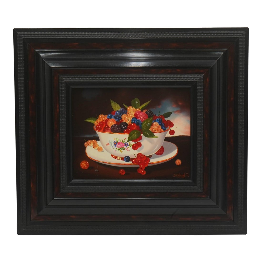 Signed P DeVaud Les Petits Fruits Oil on Canvas Framed Still Life: Signed P DeVaud Les Petits Fruits Oil on Canvas Framed Still Life A signed still life painting by P. Devaud titled Les Petits Fruits, created circa 2002. The work features a bowl of berries with brigh