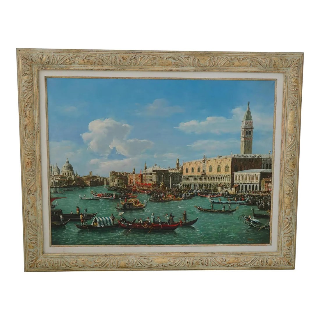 Gouinda Venetian Scene Oil Painting with Ornate Frame 59x47: Gouinda Venetian Scene Oil Painting with Ornate Frame 59x47 Experience the charm of Venice with this exquisite Italian oil painting on canvas. Crafted approximately 40 years ago, this artwork showcase