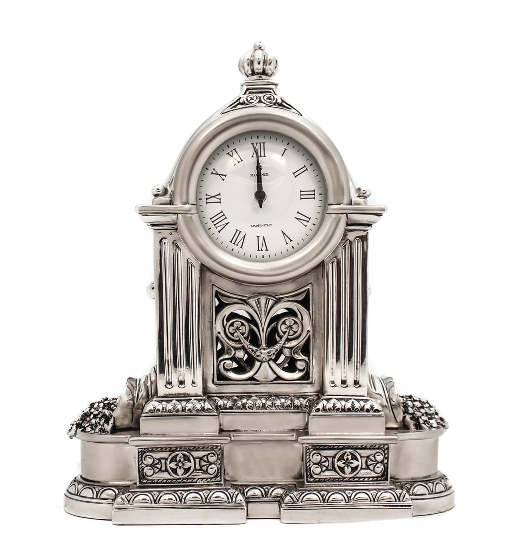 Elegant Italian Silver Plated Swirl Chased Mantel Clock: Elegant Italian Silver Plated Swirl Chased Mantel Clock This exquisite mantel clock showcases fine Italian craftsmanship with its silver plated and weighted design. The clock features beautifully swir