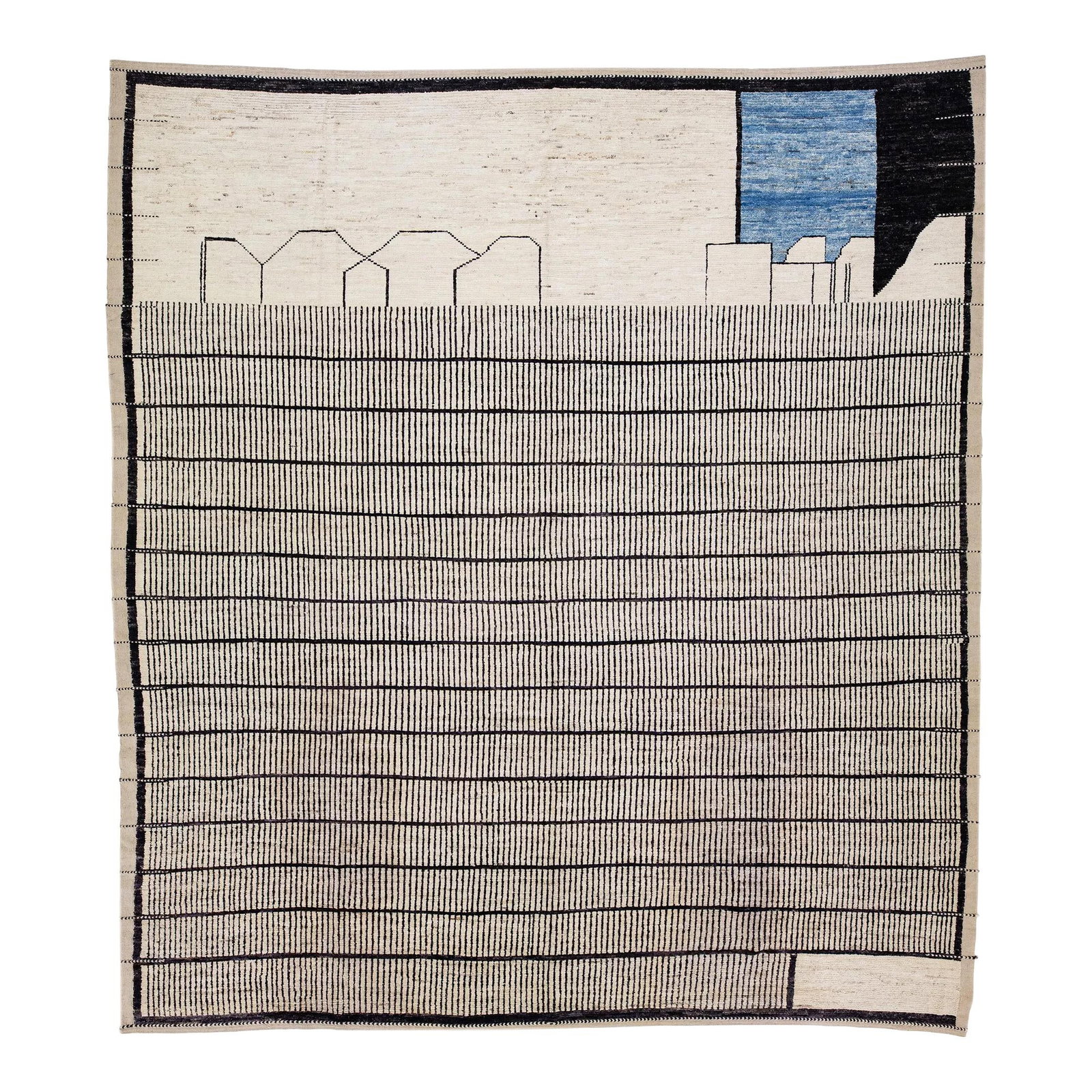 Oversize Beige Moroccan Wool Rug 13' x 14'5' Geometric Design: Oversize Beige Moroccan Wool Rug 13' x 14'5' Geometric Design Enhance your space with this stunning oversized Moroccan-style hand-knotted wool rug. Featuring a beige field adorned with black and blue 