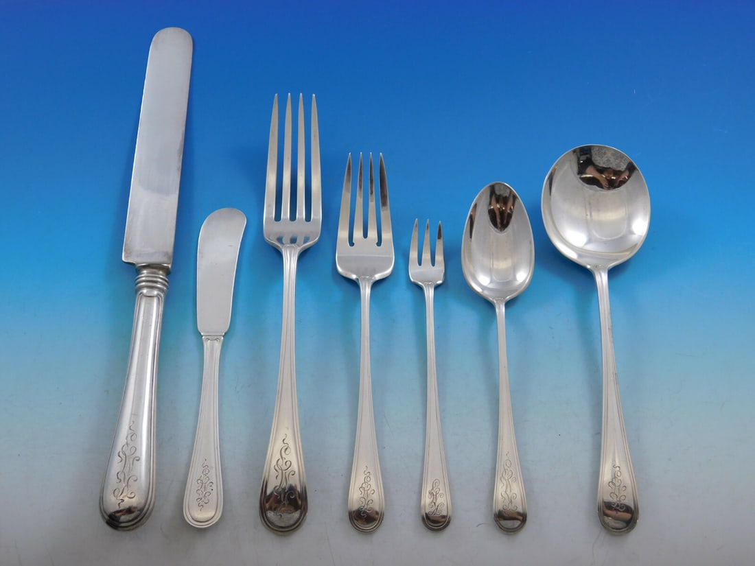 Gorham Hamilton Sterling Silver Flatware Set 63 Pieces for 8 with Monogram: Gorham Hamilton Sterling Silver Flatware Set 63 Pieces for 8 with Monogram Presenting the Hamilton by Gorham Sterling Silver Flatware Set, a remarkable collection that combines elegance and functional