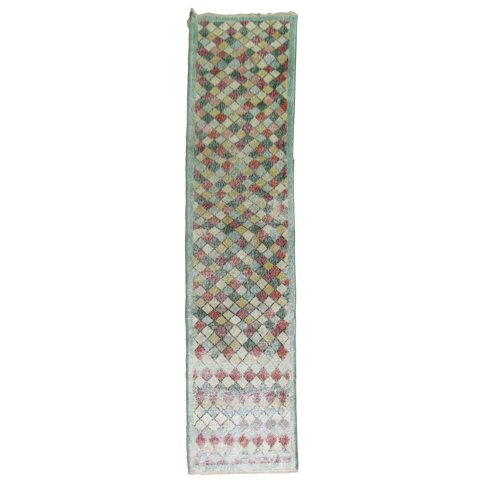 1940s Turkish Art Deco Wool Hand Knotted Runner 26 x 123 in: 1940s Turkish Art Deco Wool Hand Knotted Runner 26 x 123 in This vintage Turkish runner from the 1940s features an Art Deco style with a distinctive green background and an all-over diamond motif. Han