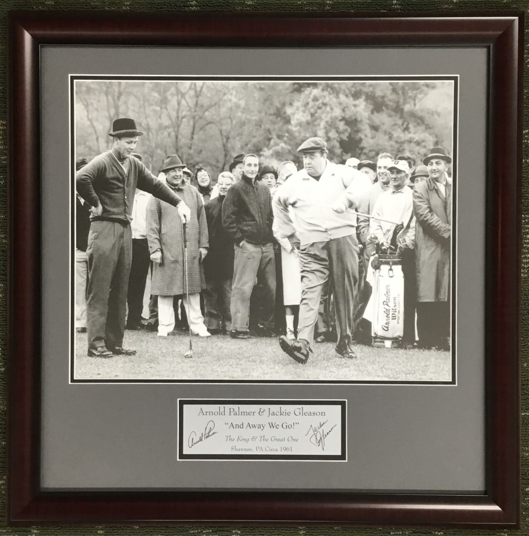 Custom framed golf photo Arnold Palmer Jackie Gleason black and white: Custom framed golf photo Arnold Palmer Jackie Gleason black and white This custom-framed display features a black and white photograph titled "Golf And Away We Go," showcasing Arnold Palmer and Jackie