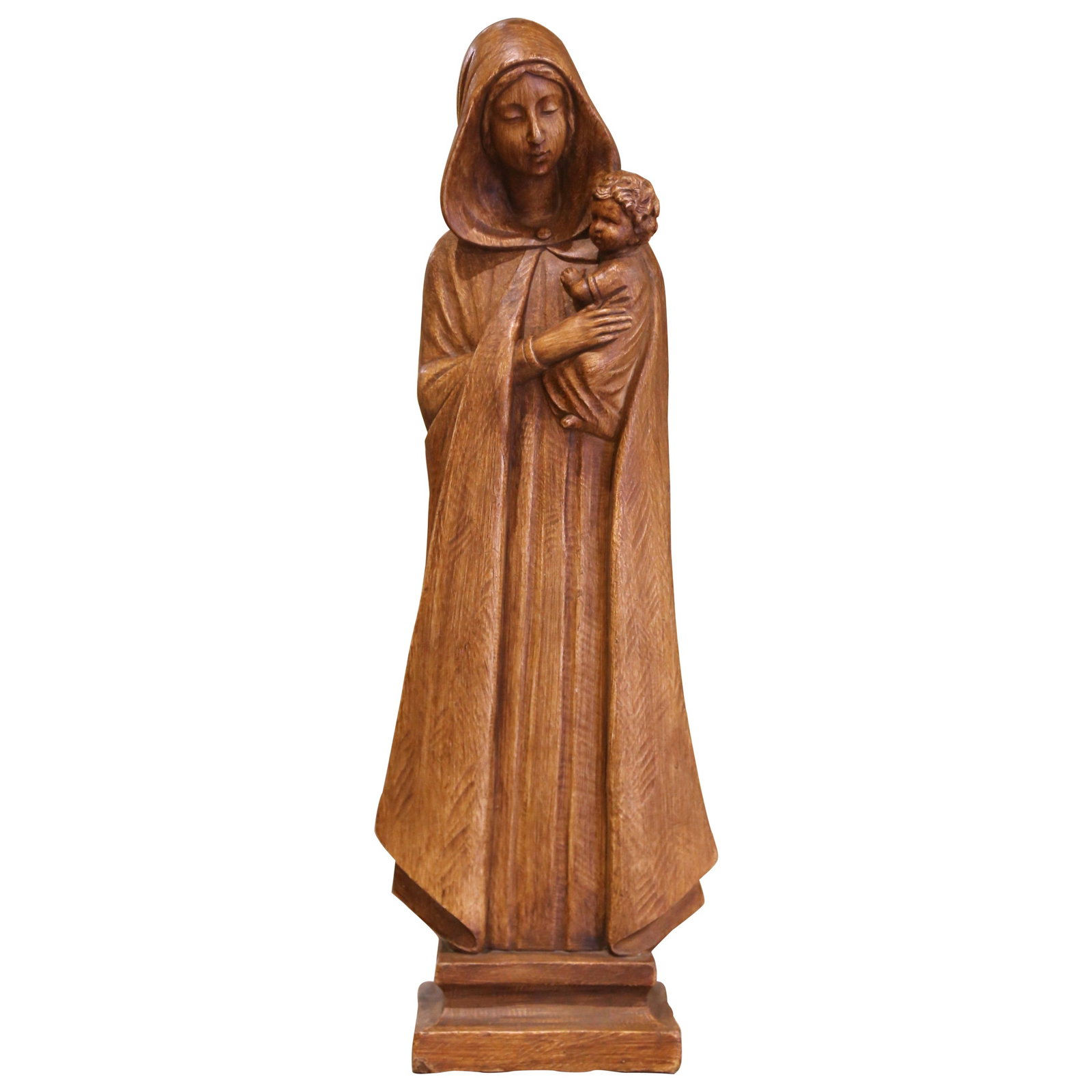 Italian Terracotta Madonna and Child Statue by S Melani for Arnova Circa 1950: Italian Terracotta Madonna and Child Statue by S Melani for Arnova Circa 1950 This mid-century Italian terracotta sculpture, designed by S. Melani for Arnova around 1950, depicts the Madonna gently cr
