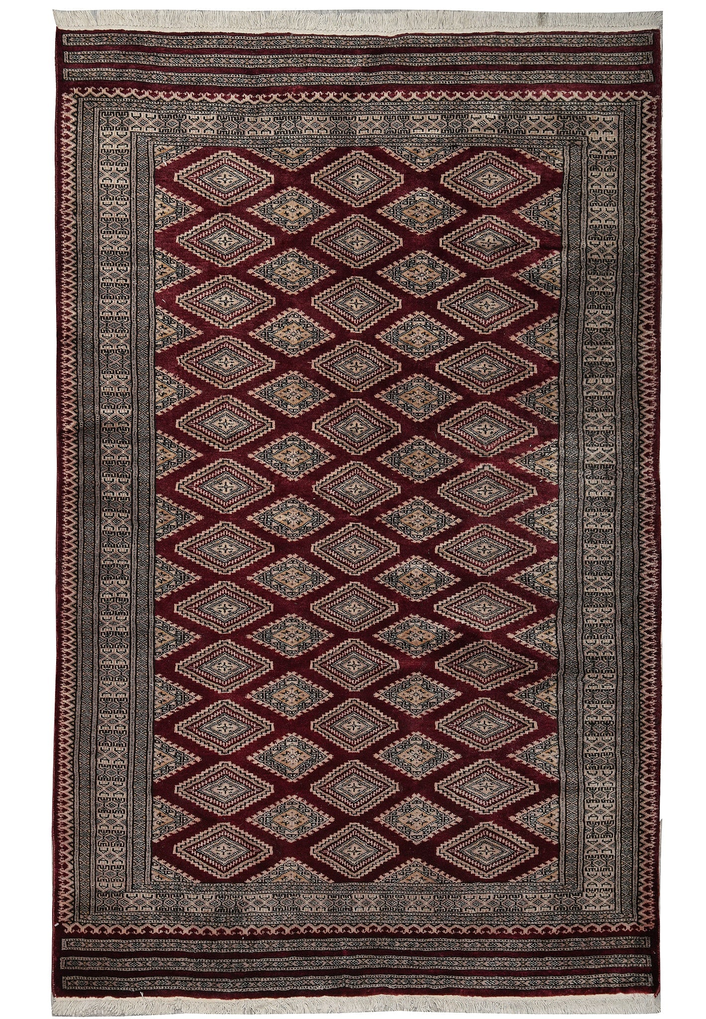Hand Knotted Jaldar Bokhara Geometric Rug Burgundy 4.3 x 6.5: Hand Knotted Jaldar Bokhara Geometric Rug Burgundy 4.3 x 6.5 Free continental US Shipping This hand-knotted Jaldar Bokhara rug features a geometric pattern in a rich burgundy color. Crafted with tradi