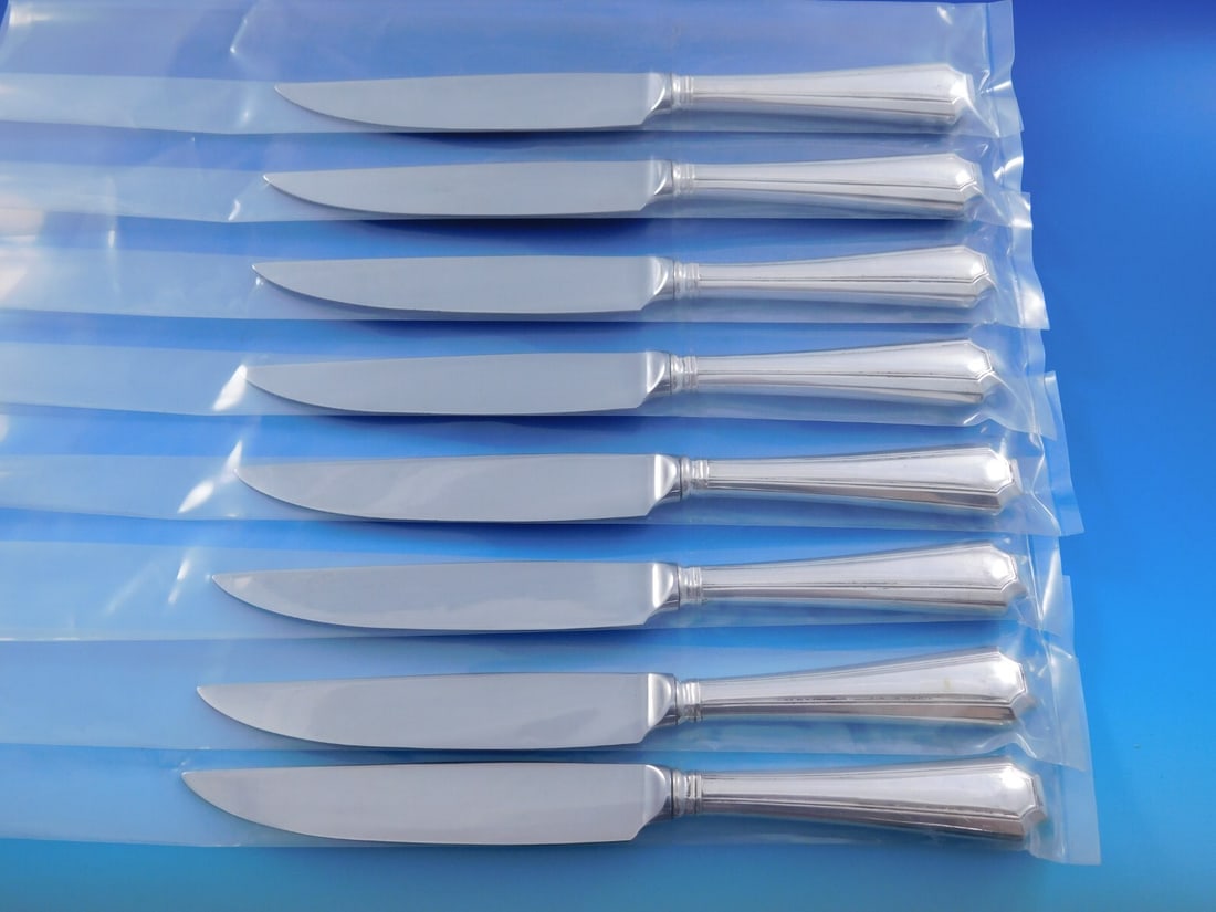 Fairfax Durgin-Gorham Sterling Silver 8-Pc Steak Knife Set Art Deco: Fairfax Durgin-Gorham Sterling Silver 8-Pc Steak Knife Set Art Deco Enhance your dining experience with this exquisite set of eight steak knives from the Fairfax pattern by Durgin-Gorham. Crafted from