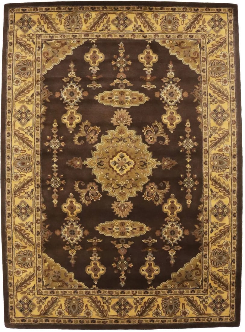 8'1 x 11'1 Hand-Tufted Wool Floral Area Rug in Dark Brown Modern Design: 8'1 x 11'1 Hand-Tufted Wool Floral Area Rug in Dark Brown Modern Design This hand-tufted area rug features a classic floral pattern in dark brown, golden beige, gray, olive, and cream tones, offering 