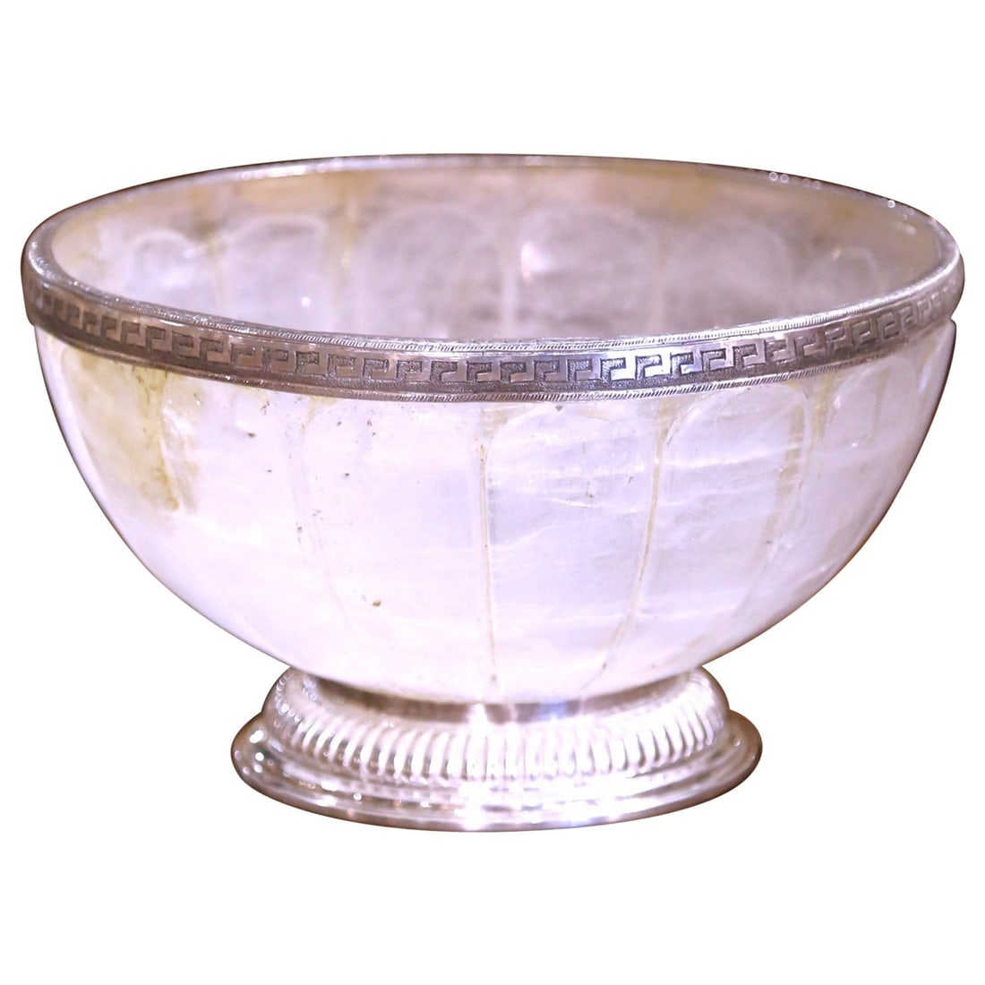 Carved Rock Crystal and Silver Neoclassical Centerpiece Bowl France circa 1960: Carved Rock Crystal and Silver Neoclassical Centerpiece Bowl France circa 1960 This mid-century center table bowl showcases neoclassical elegance with a combination of hand-carved rock crystal and sil