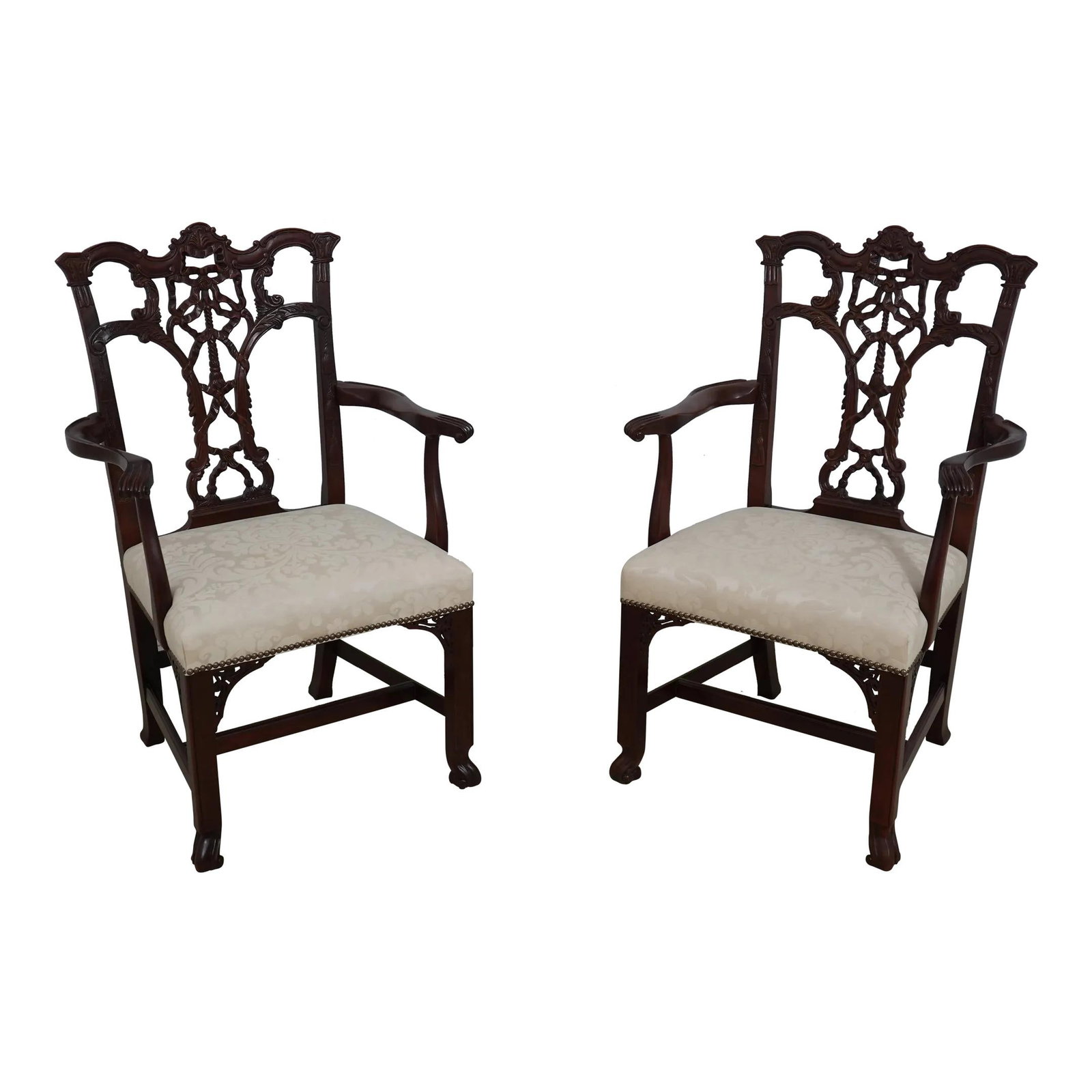 Elegant Pair of Rococo Mahogany Armchairs by Hickory Chair Co: Elegant Pair of Rococo Mahogany Armchairs by Hickory Chair Co This exquisite pair of Hickory Chair Co carved mahogany Rococo armchairs showcases a timeless Chippendale design with elegant traditional 