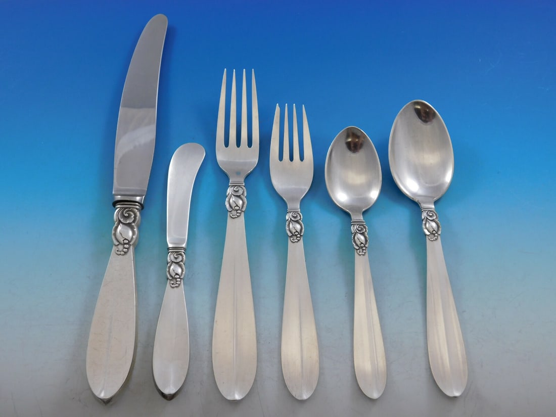 Frigast Princess Fuchsia Sterling Silver 54 Piece Flatware Set: Frigast Princess Fuchsia Sterling Silver 54 Piece Flatware Set This is a 54-piece Princess Fuchsia flatware set by Frigast, crafted in Denmark from sterling silver. Featuring a Mid-Century Modern Scan