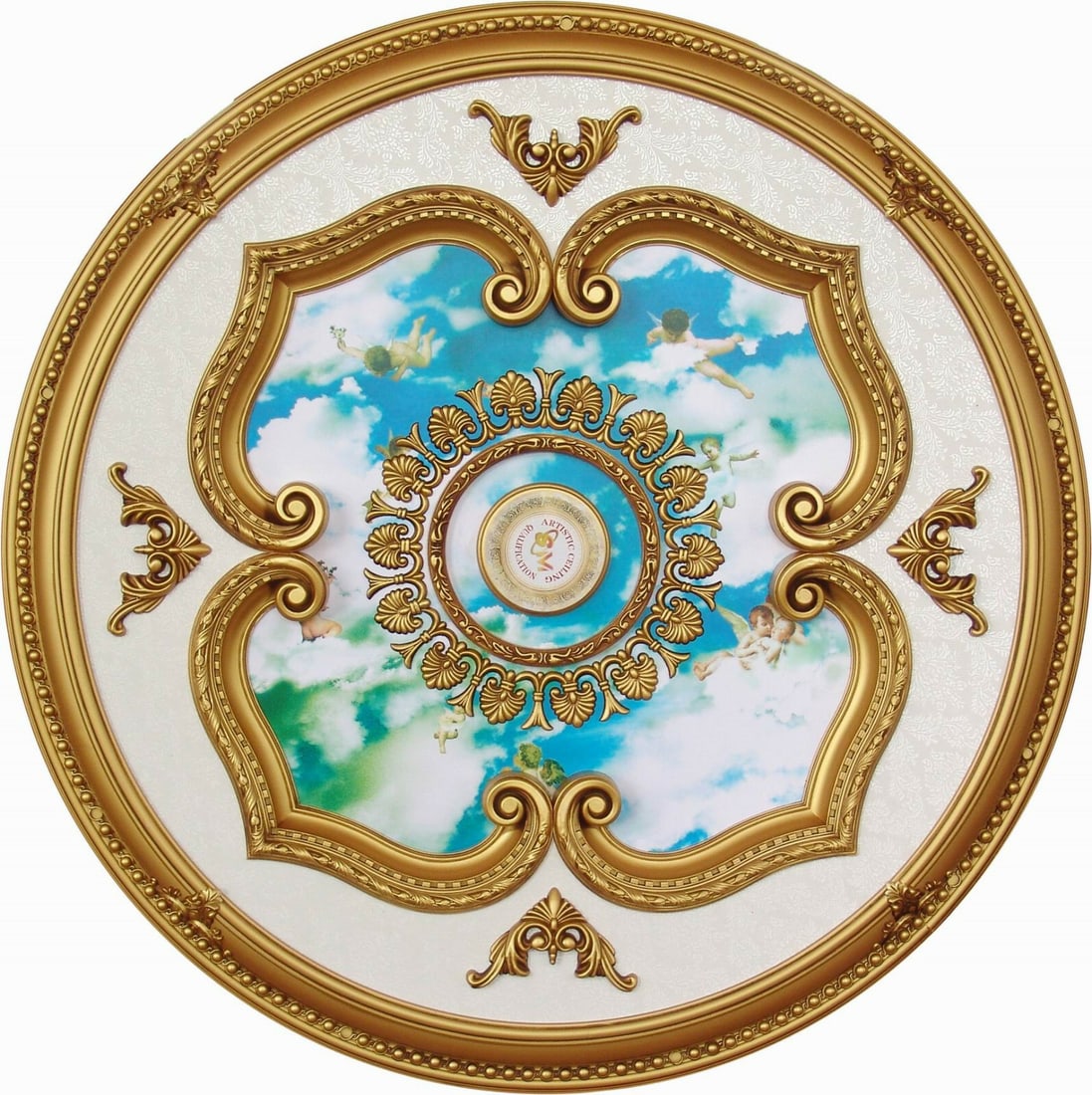 Artistry 43 Inch Round Ceiling Medallion Fiber Glass Resin: Artistry 43 Inch Round Ceiling Medallion Fiber Glass Resin This 43-inch round ceiling medallion features a decorative design with angels and clouds, making it a sophisticated accent for foyers, dining