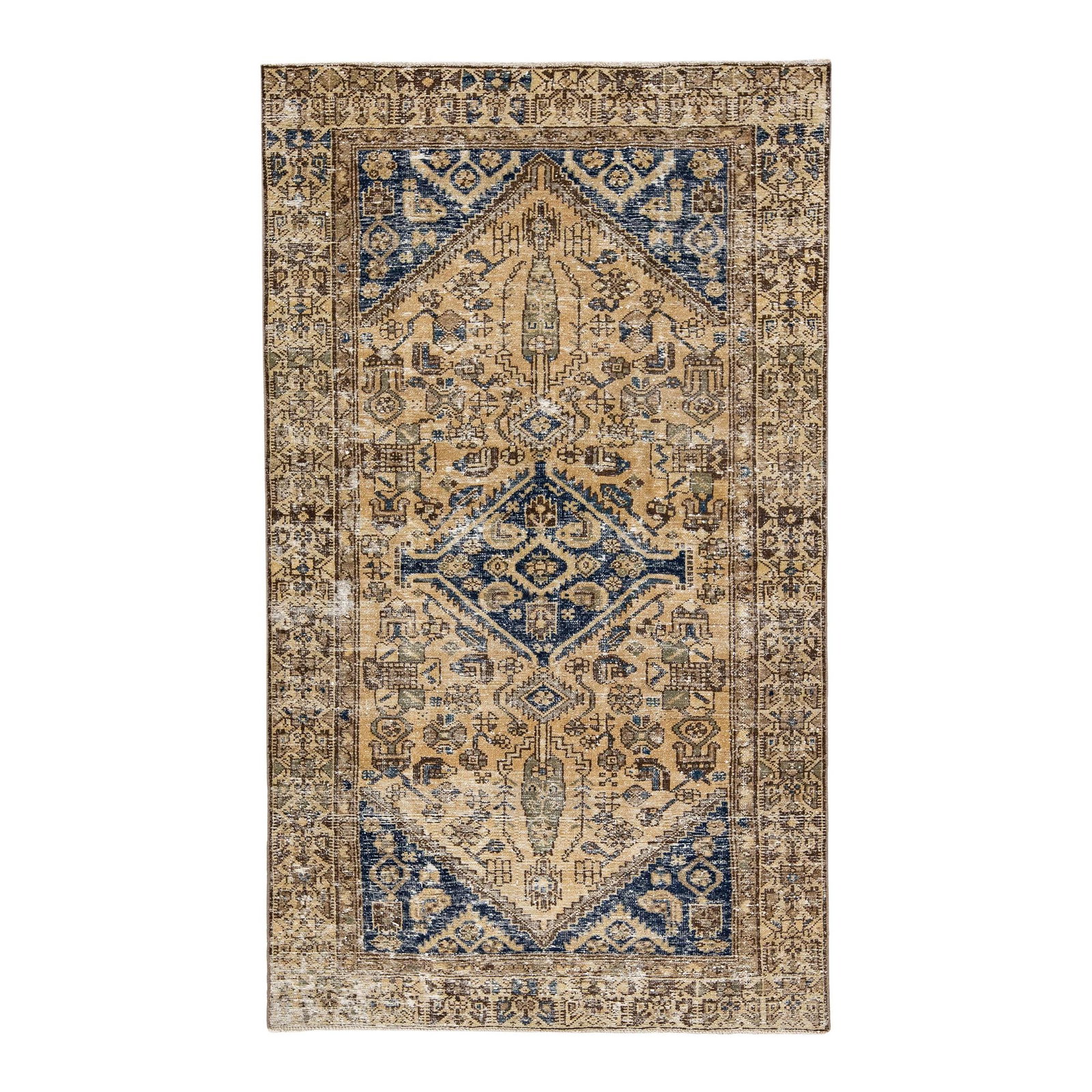 1960s Vintage Persian Hand-Knotted Tribal Wool Rug 4'1" x 7': 1960s Vintage Persian Hand-Knotted Tribal Wool Rug 4'1" x 7' Enhance your space with this beautiful vintage Persian distressed hand-knotted wool rug. Featuring a soft beige color field, this exquisite