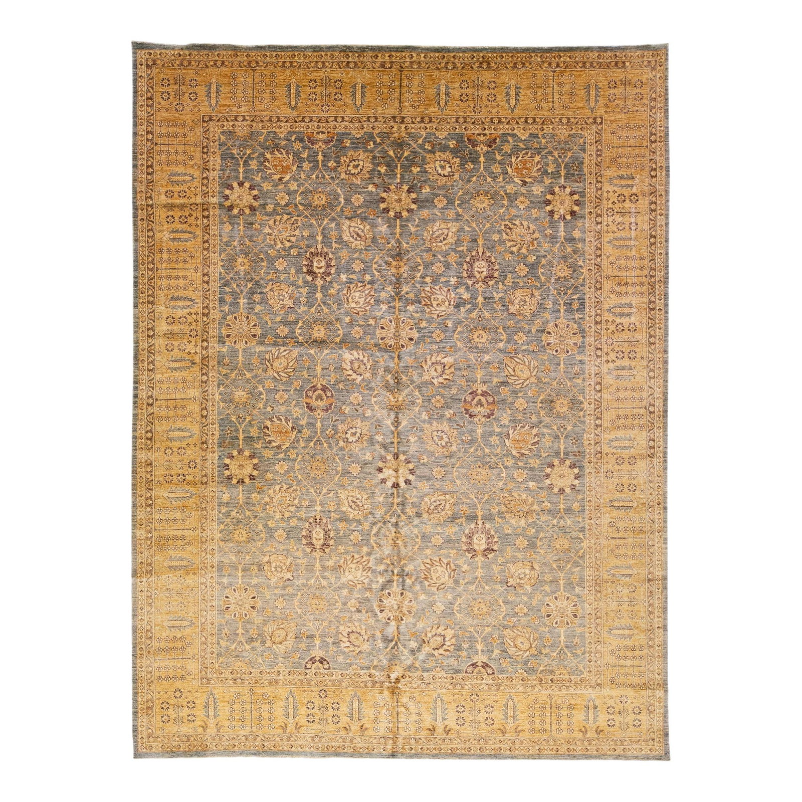 Blue Peshawar Handmade Wool Rug with Palmettes Motif 10' x 13'7: Blue Peshawar Handmade Wool Rug with Palmettes Motif 10' x 13'7 Elevate your space with this striking Early 21st Century Modern Peshawar Handmade Wool Rug. Crafted with meticulous attention to detail,