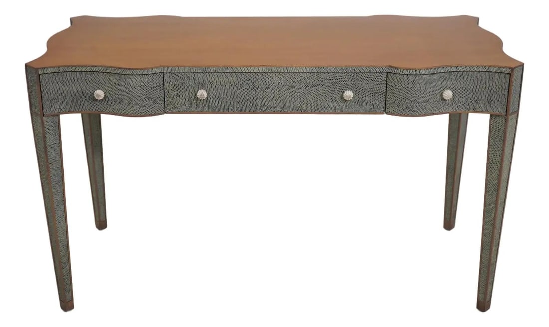 Hollywood Regency Faux Snake Skin Desk With Tiger Maple Top: Hollywood Regency Faux Snake Skin Desk With Tiger Maple Top This Hollywood Regency style desk by Theodore Alexander features a faux snake skin textured wrap and a tiger maple top. The desk is finished
