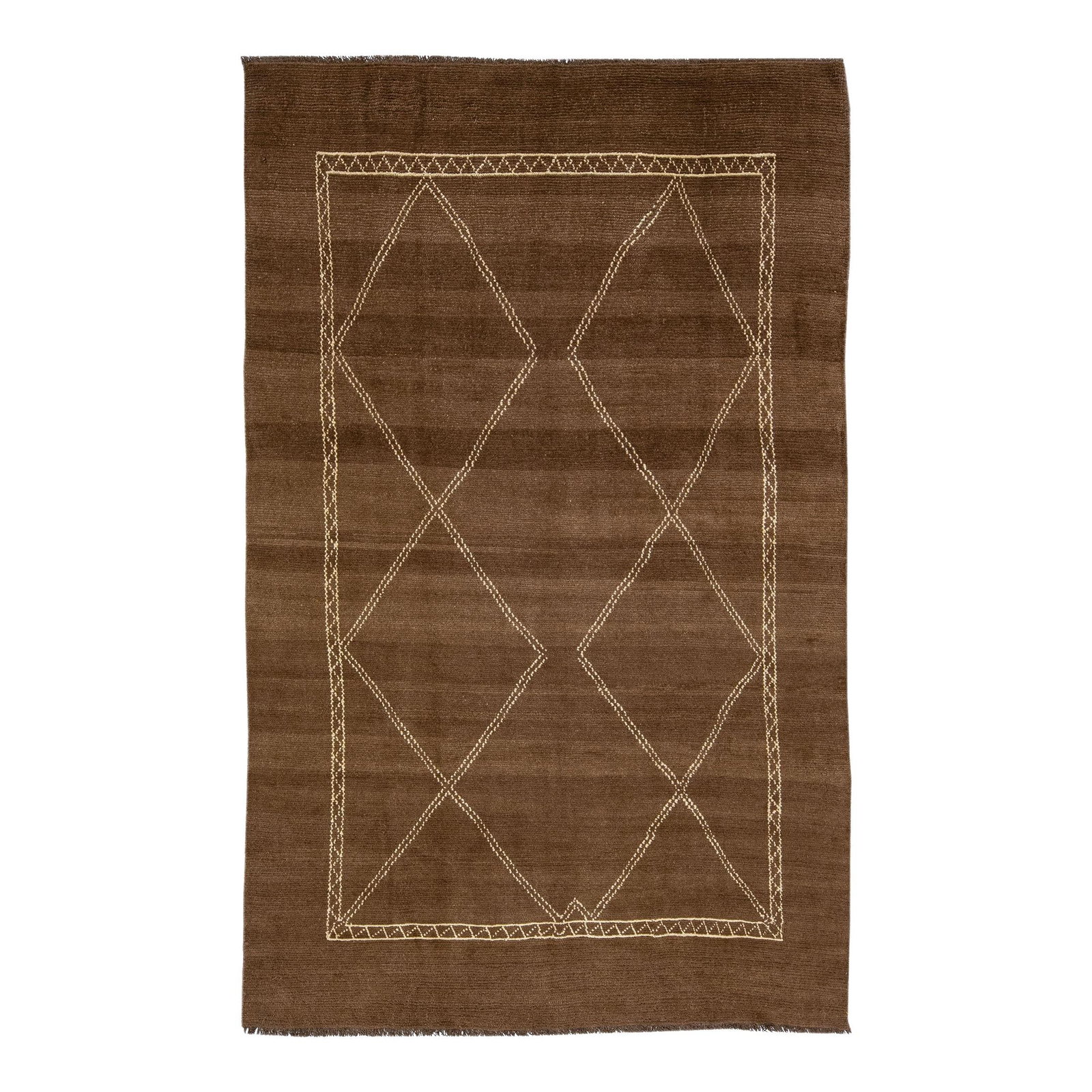Brown Handmade Wool Moroccan Rug with Geometric Design 6'5 x 10'5: Brown Handmade Wool Moroccan Rug with Geometric Design 6'5 x 10'5 Enhance your space with this stunning Moroccan-style handmade wool rug from the Northwest collection. Featuring a rich brown color fie