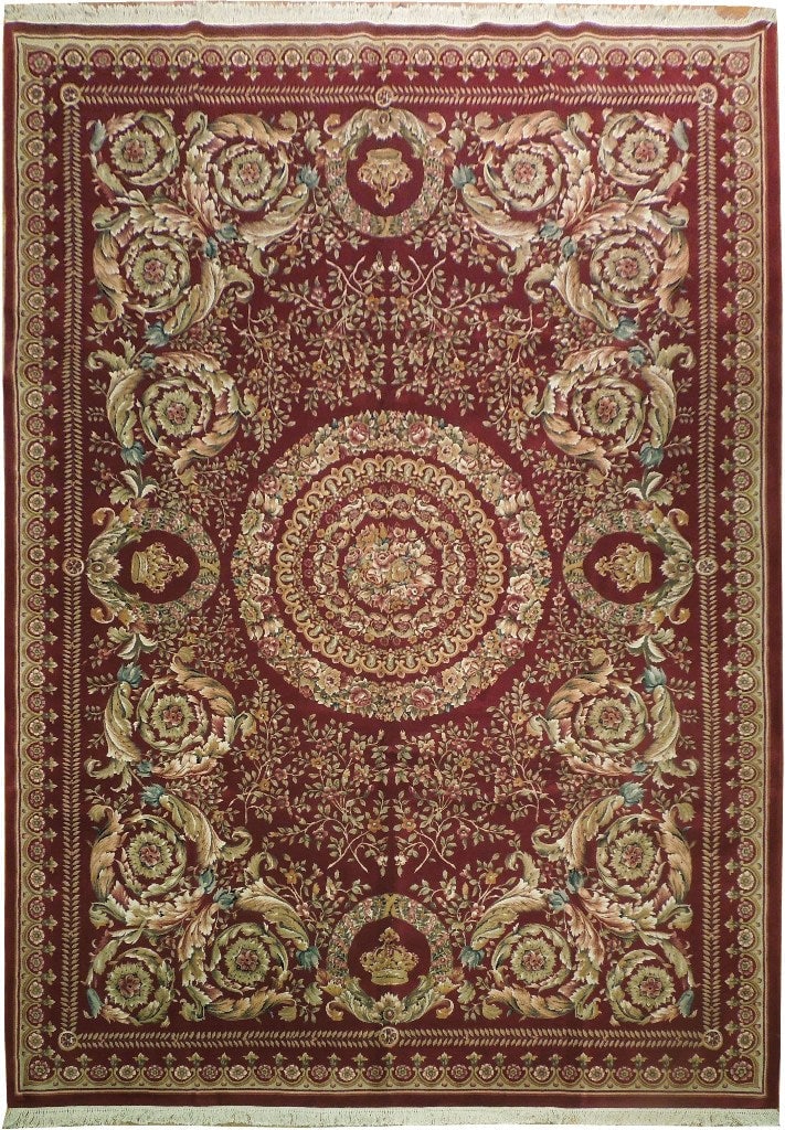 Handmade 10 x 14 French Savonnerie Wool Rug Burgundy Gold: Handmade 10 x 14 French Savonnerie Wool Rug Burgundy Gold Free continental US Shipping This handmade rug showcases the classic elegance of the French Savonnerie tradition, featuring a sophisticated pa