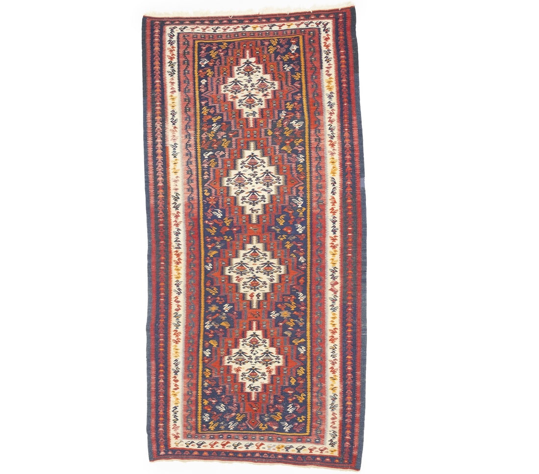 Hand Woven Wool Kilim Runner 4'4 x 9'0 Floral Tribal Rug: Hand Woven Wool Kilim Runner 4'4 x 9'0 Floral Tribal Rug Enhance your space with this stunning Multicolored Kilim Runner Rug, a perfect addition to hallways, kitchens, or bedrooms. Measuring 4'4" x 9'
