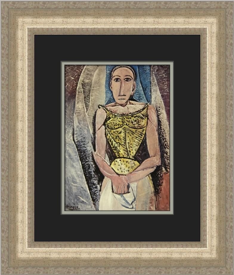 Pablo Picasso Woman in Yellow Custom Framed Art Print 2000: Pablo Picasso Woman in Yellow Custom Framed Art Print 2000 This captivating custom framed print by Pablo Picasso features the artwork titled "Woman in Yellow." Created in 2000, this piece showcases a 