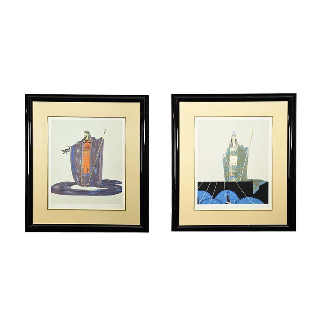 Framed Signed Erte Hera and Zeus Limited Edition 2 Piece Print Set: Framed Signed Erte Hera and Zeus Limited Edition 2 Piece Print Set This is a signed, limited edition two-piece art print set titled "Hera and Zeus" by Erte. Each piece is presented in the Art Deco sty