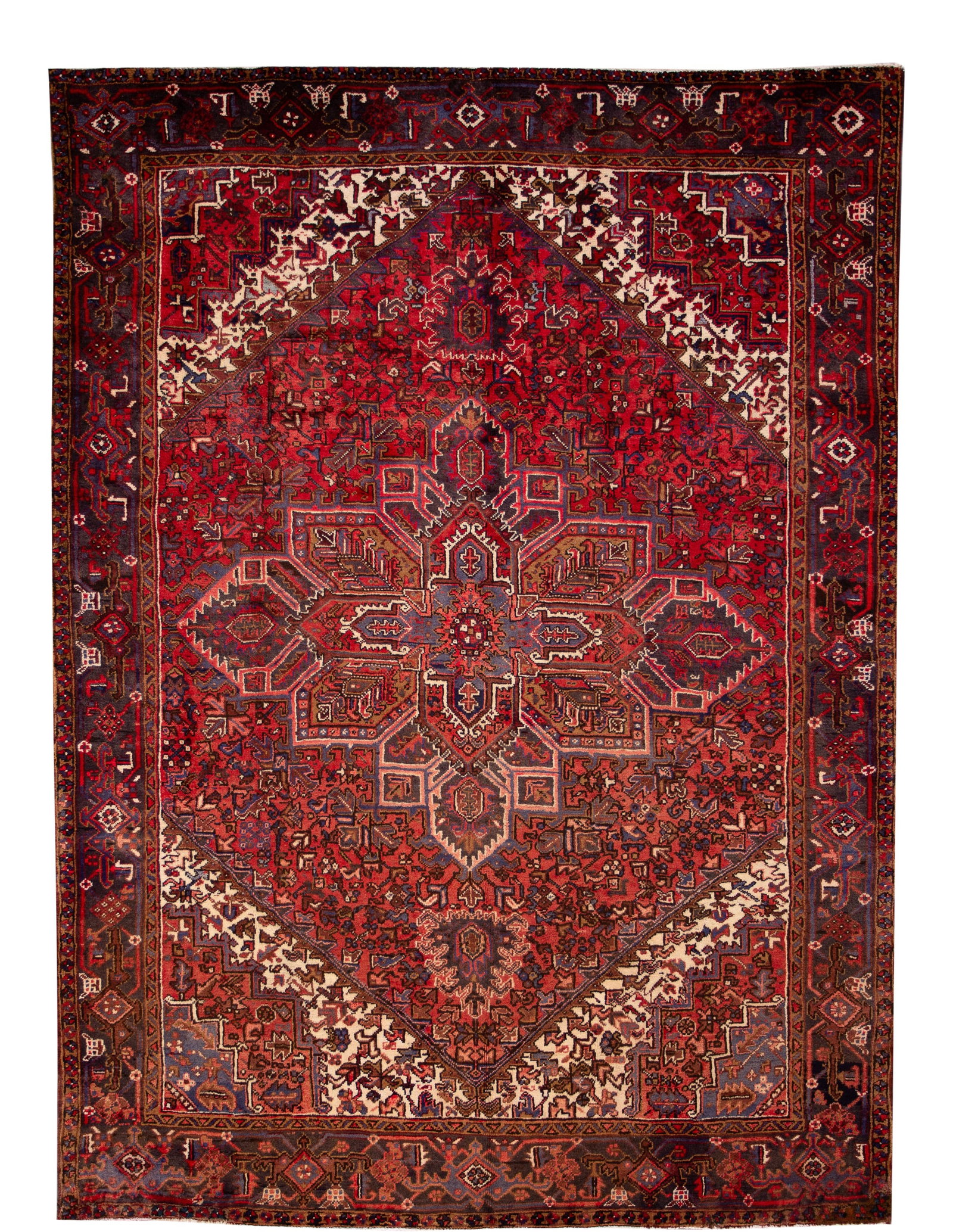 Vintage Persian Heriz Hand-Knotted Wool Rug Red 7'3 X 9'10: Vintage Persian Heriz Hand-Knotted Wool Rug Red 7'3 X 9'10 Discover the elegance of this Vintage Persian Heriz handmade wool rug, featuring a vibrant red field adorned with a multicolor geometric meda
