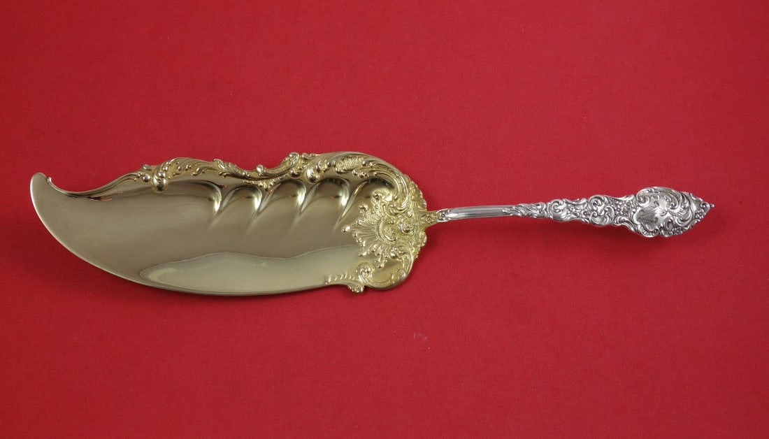 Unger Passaic Sterling Silver Gold Washed Fish Server 10 3/4": Unger Passaic Sterling Silver Gold Washed Fish Server 10 3/4" Sterling silver fish server in the Passaic pattern by Unger, measuring 10 3/4 inches and finished with a gold wash. It is monogrammed, wit