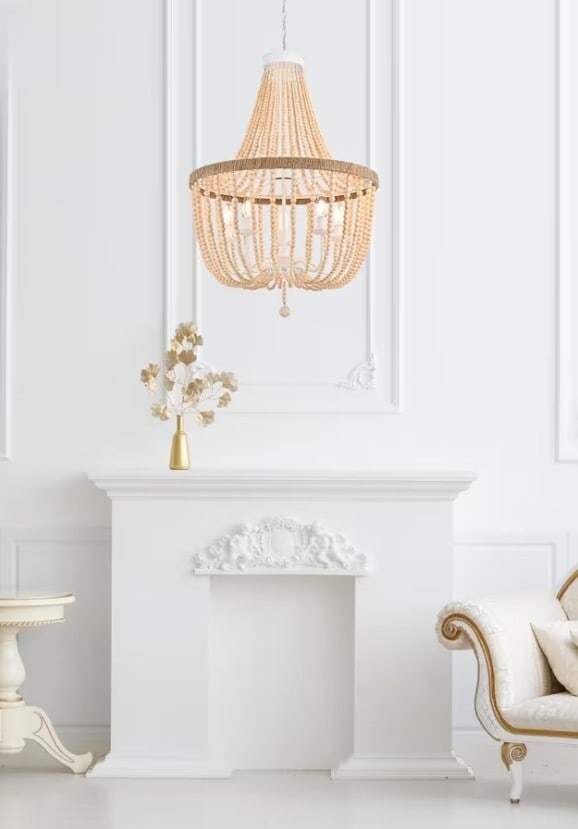 Living District Jolie 5 Light Wood Bead Rope Chandelier Beige White: Living District Jolie 5 Light Wood Bead Rope Chandelier Beige White Vintage/retro farmhouse chandelier with 5 lights in a beige and white finish. It features wood bead and hand rope knot embellishment