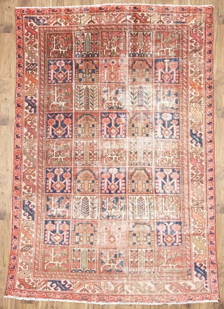 Hand Knotted Wool Tribal Area Rug 6'8x9'2 Ft Distressed Vintage: Hand Knotted Wool Tribal Area Rug 6'8x9'2 Ft Distressed Vintage This semi-antique hand-knotted wool rug features a distressed tribal design with muted tones of light red, cream, brown, tan, and navy. 