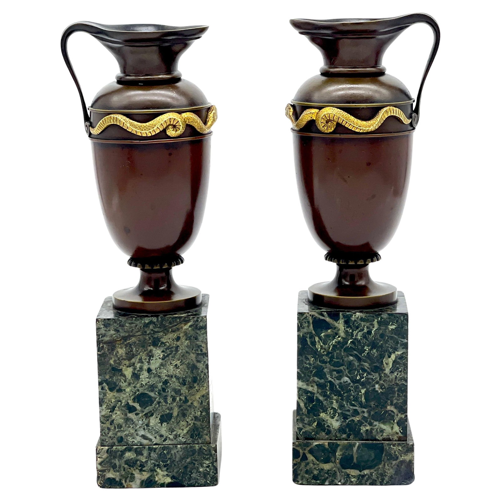 Pair of 19th Century Roman Bronze Ormolu Serpent Motif Vases: Pair of 19th Century Roman Bronze Ormolu Serpent Motif Vases This stunning pair of Roman Grand Tour Bronze and Ormolu vases, ewers, or urns, dating from the late 19th century (circa 1880s), showcases 