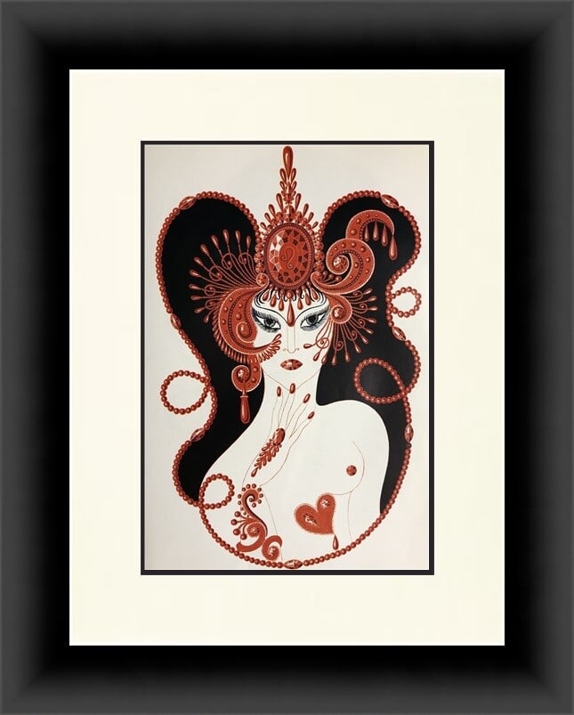 Framed Erte Ruby Precious Stones reproduction lithograph 16 in x 19 in: Framed Erte Ruby Precious Stones reproduction lithograph 16 in x 19 in Custom framed reproduction print of Erte's "Ruby" from the Precious Stones Series. It features a portrait-oriented Art Deco image