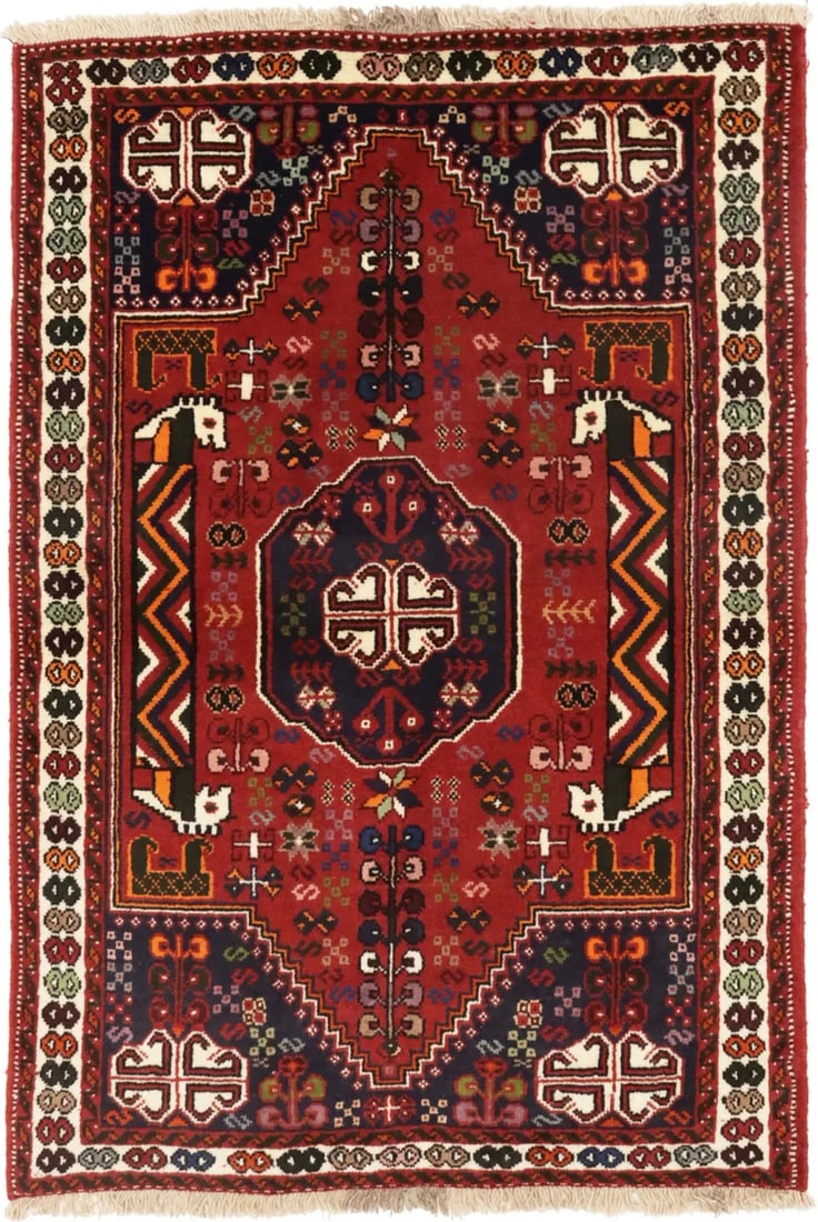 Handmade Red Tribal Geometric 3'4 x 5' Area Rug: Handmade Red Tribal Geometric 3'4 x 5' Area Rug Enhance your home decor with this stunning 3'4" x 5' handmade red tribal geometric oriental rug. Crafted from high-quality wool using a hand-knotting te