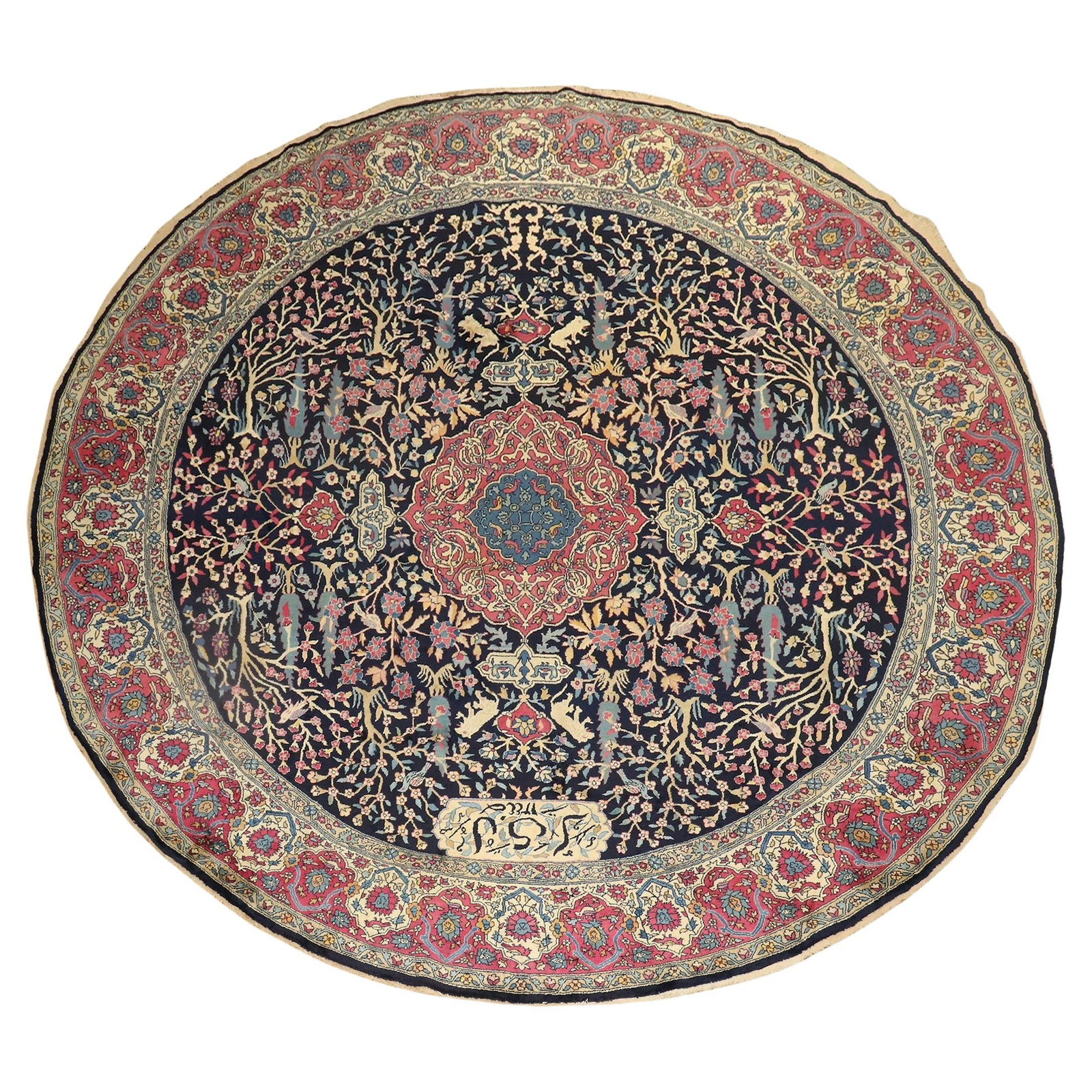 Rare Signed Round Antique Indian Pictorial Rug Wool Hand-Woven 10'10'' x 10'11'': Rare Signed Round Antique Indian Pictorial Rug Wool Hand-Woven 10'10'' x 10'11'' This exquisite round antique Indian pictorial rug showcases a formal animal design, expertly hand-woven from high-quali