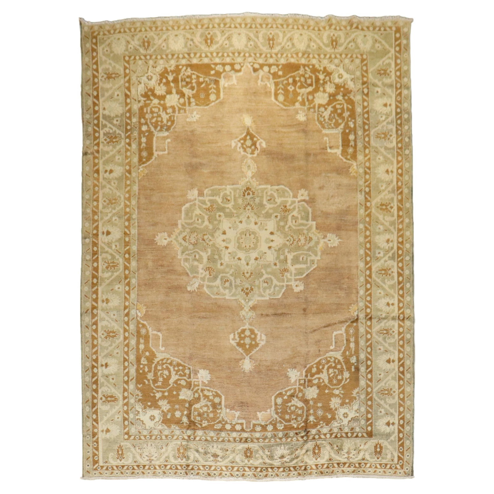 Zabihi Collection Mid-20th Century Brown Green Turkish Hand-Knotted Rug 95 x 138: Zabihi Collection Mid-20th Century Brown Green Turkish Hand-Knotted Rug 95 x 138 This exquisite mid-20th century Turkish room size rug features a captivating brown and green color palette, making it a