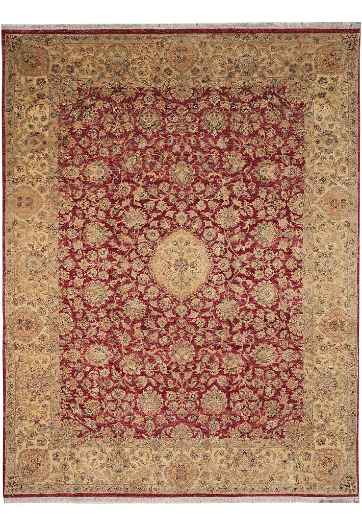 Handmade 110 x 150 in Red Gold Wool Area Rug Jaipur India: Handmade 110 x 150 in Red Gold Wool Area Rug Jaipur India Free continental US Shipping This handmade area rug features a rich red field complemented by a golden border, accented with green and coral t