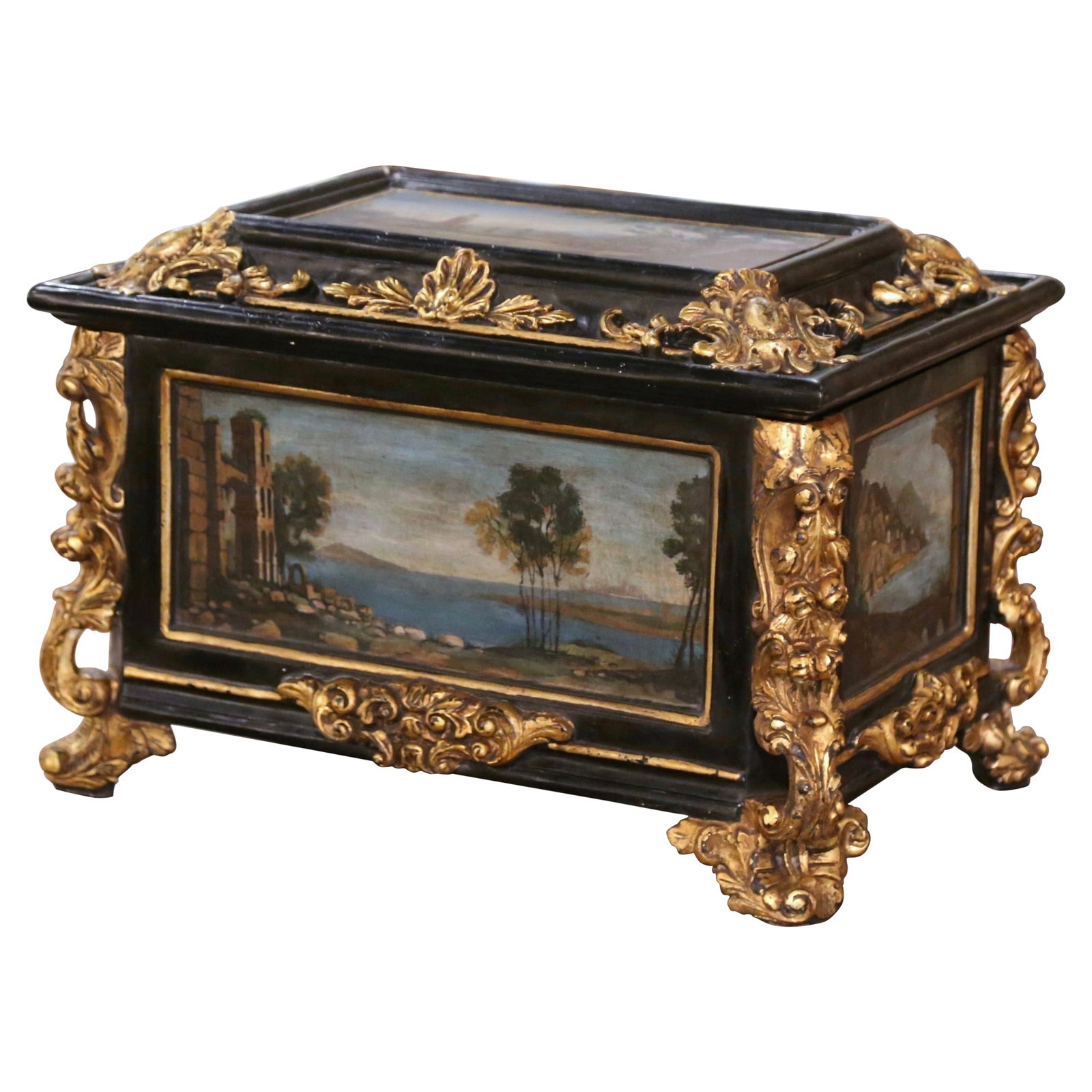 19th Century Italian Baroque Hand Painted Gilt Table Box Casket: 19th Century Italian Baroque Hand Painted Gilt Table Box Casket This exquisite 19th Century Italian Baroque table box casket is a stunning addition to any decor. Crafted in Italy circa 1880, this hand