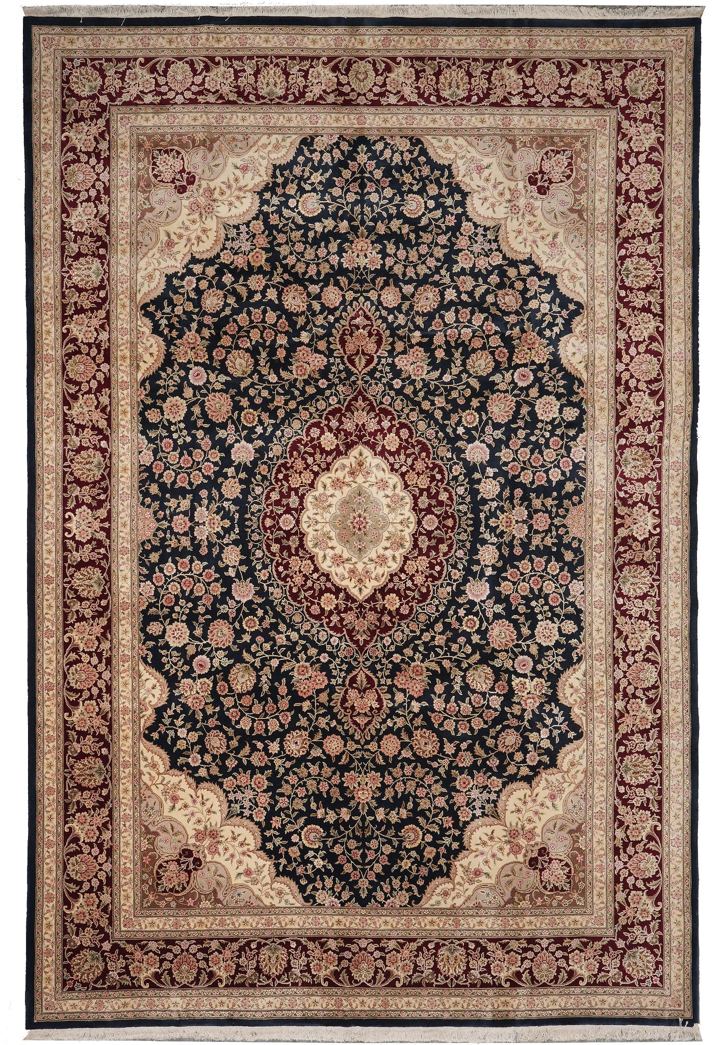 9 x 13 Black Burgundy Sino Tabriz Wool Silk Rug: 9 x 13 Black Burgundy Sino Tabriz Wool Silk Rug Free continental US Shipping This 9 x 13 Sino Tabriz rug is hand-knotted from a premium blend of wool and silk, offering a luxurious balance of softness