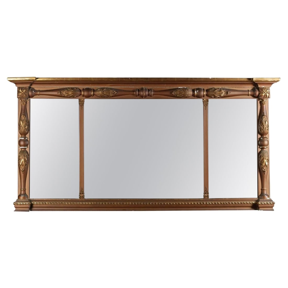 19th Century Empire Gilt Carved Triptych Mantel Mirror: 19th Century Empire Gilt Carved Triptych Mantel Mirror This stunning 19th century Empire triptych over mantel mirror showcases a beautifully giltwood frame with intricate classical foliate and bead ca