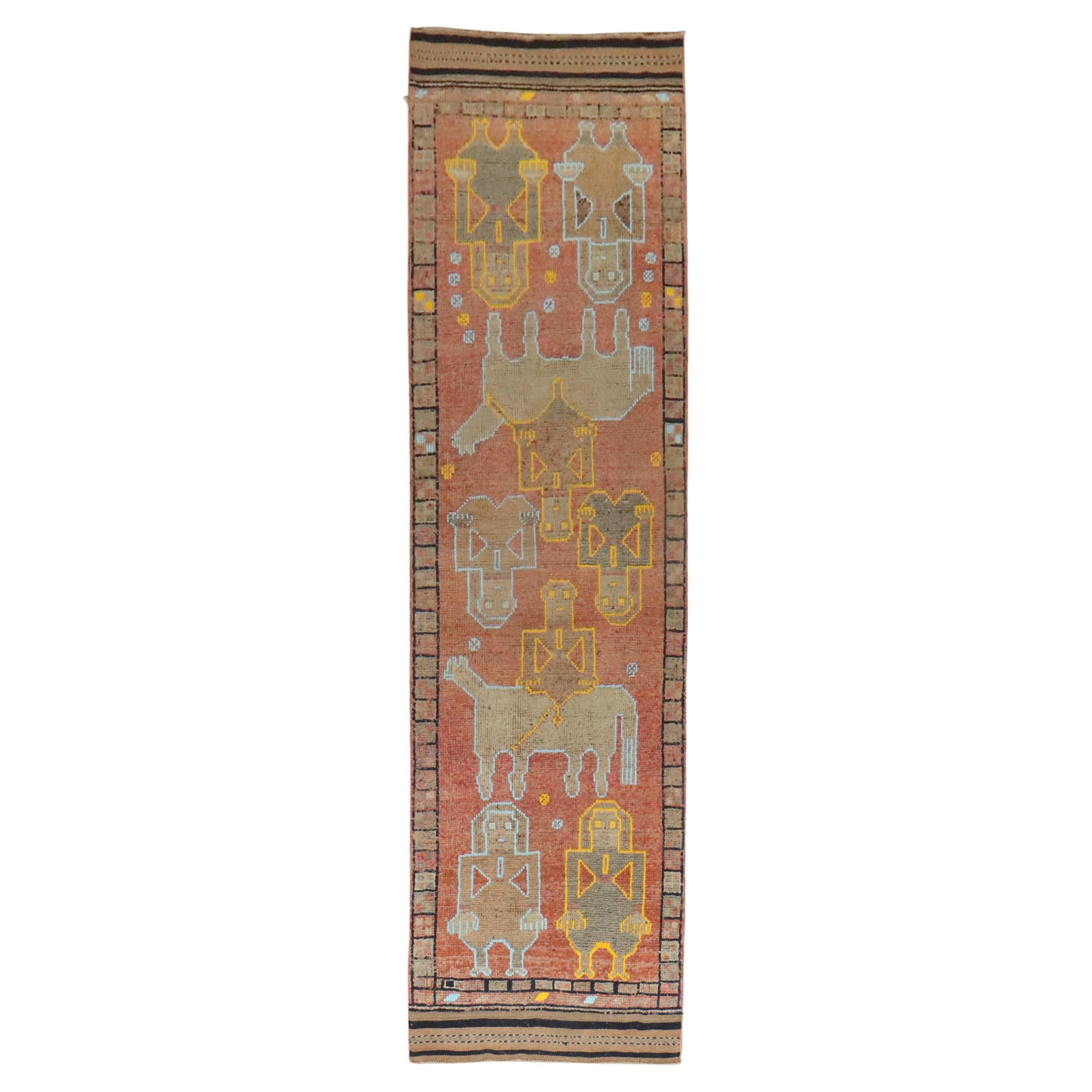 Vintage Turkish Hand-Woven Pictorial Runner 36 x 131 Wool 1950: Vintage Turkish Hand-Woven Pictorial Runner 36 x 131 Wool 1950 Discover a stunning Vintage Turkish Pictorial Anatolian Runner that beautifully showcases intricate motifs of animals and humans. This un