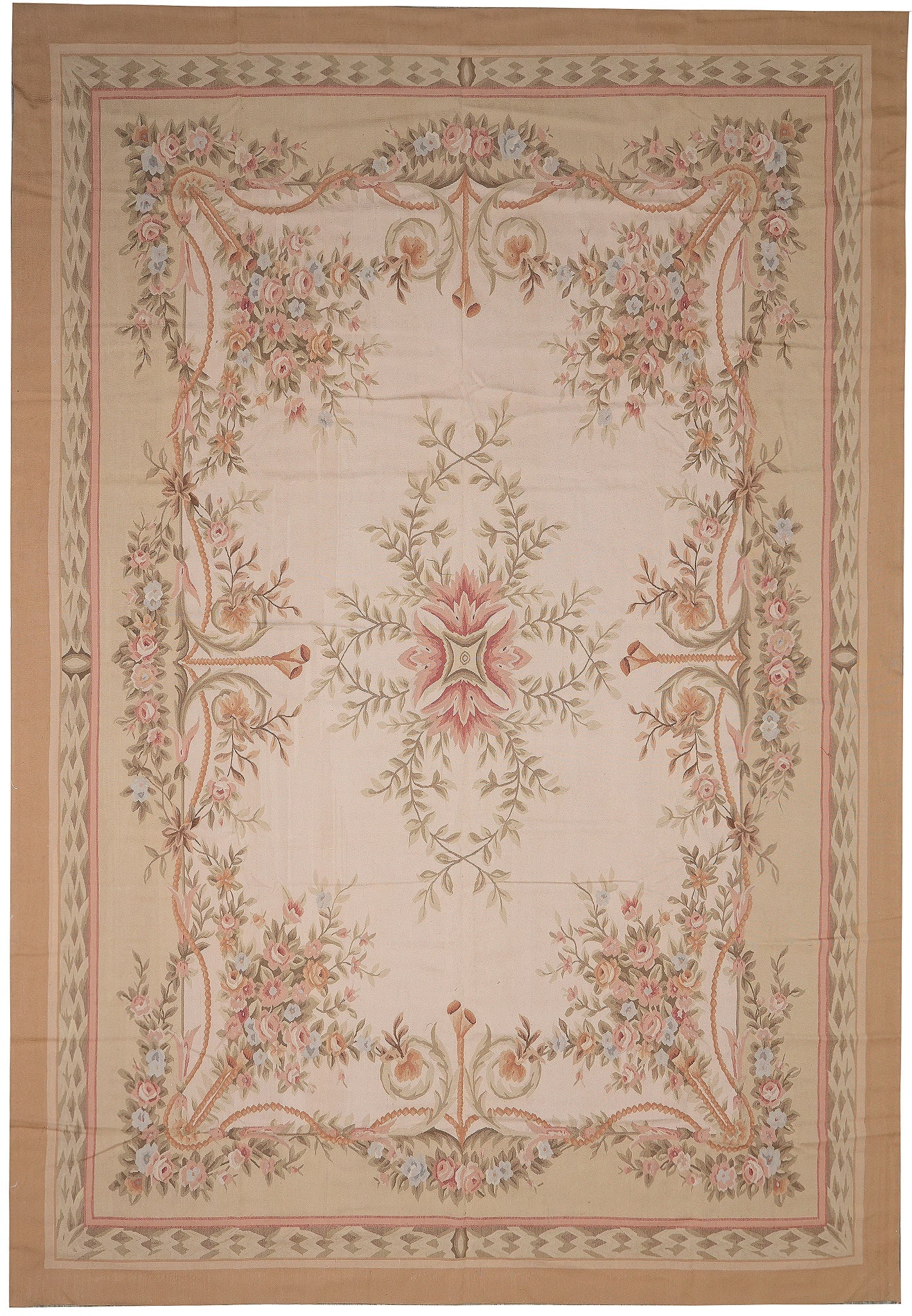 10 x 14 French Aubusson Flat Weave Wool Rug Floral Medallion: 10 x 14 French Aubusson Flat Weave Wool Rug Floral Medallion Free continental US Shipping This 10 x 14 French Aubusson flat weave rug features a handwoven construction in 100% premium wool. It present