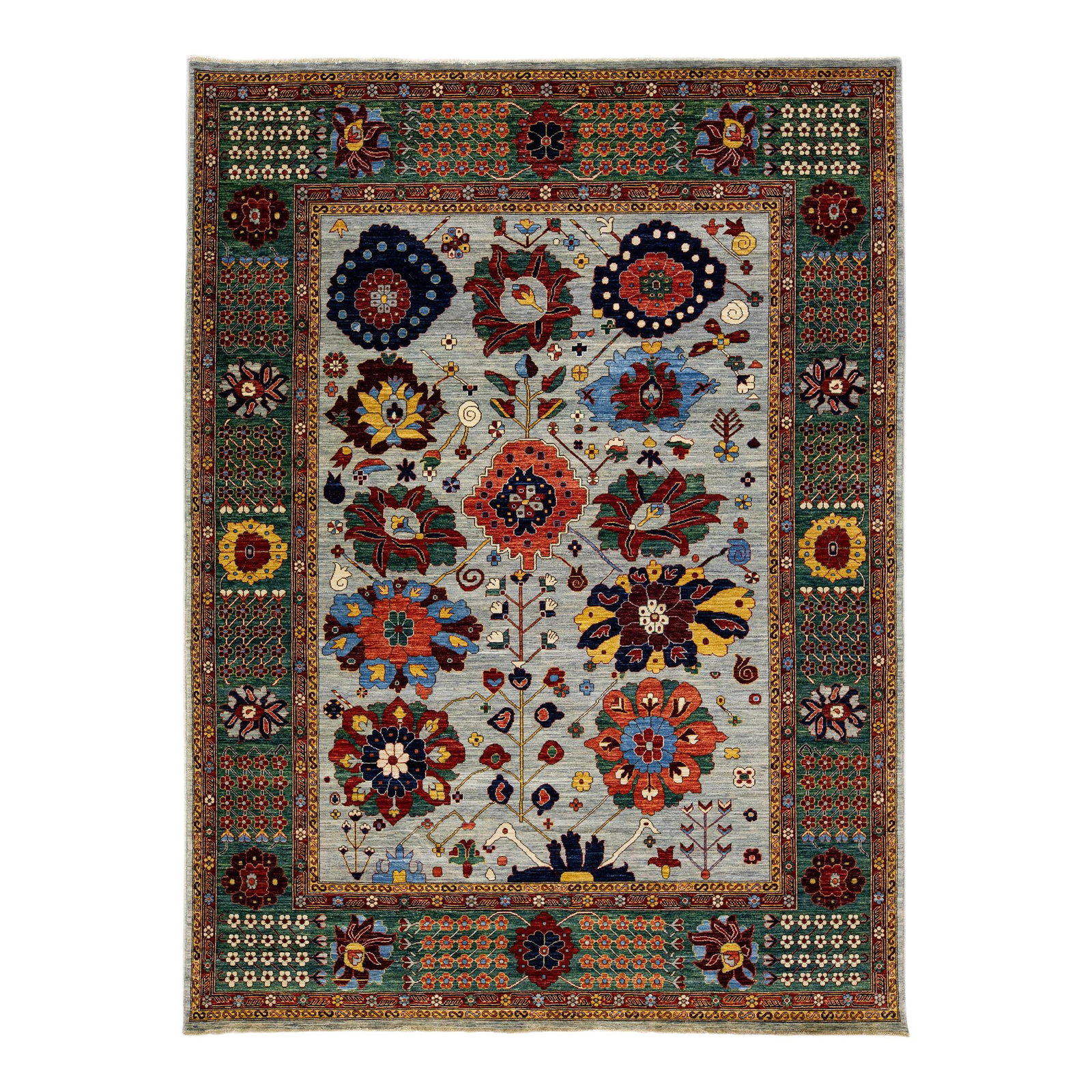 Handmade Modern Serapi Floral Design Light Gray Wool Rug 9' x 12': Handmade Modern Serapi Floral Design Light Gray Wool Rug 9' x 12' Elevate your space with this stunning modern Serapi style handmade wool rug, featuring a light gray field and a beautifully designed g