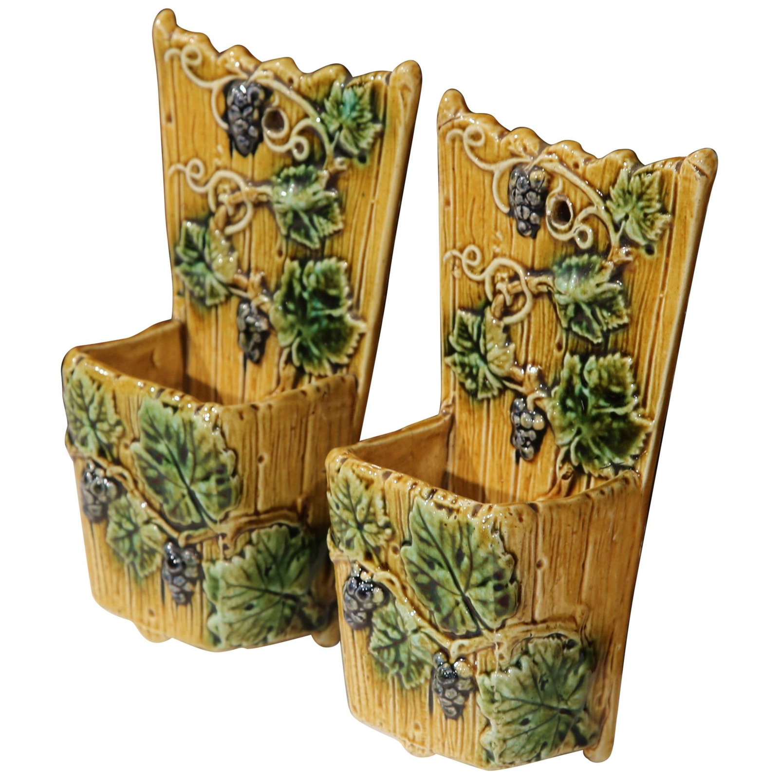 Antique French Hand Painted Barbotine Wall Pocket Vases Set of 2: Antique French Hand Painted Barbotine Wall Pocket Vases Set of 2 Enhance your decor with this exquisite pair of 19th-century French hand-painted Barbotine wall hanging pocket vases. Crafted in France 