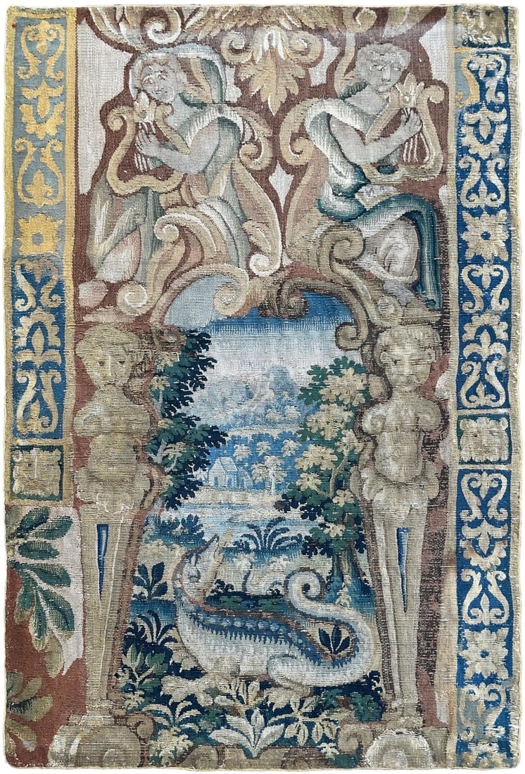 Belgian 18th Century Wool Silk Tapestry with Harp Players and Dragon: Belgian 18th Century Wool Silk Tapestry with Harp Players and Dragon This rare 18th-century Flemish tapestry from Belgium is a handwoven decorative textile crafted from a wool and silk blend. It featu