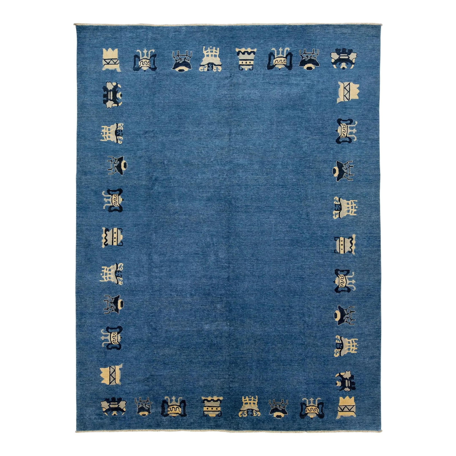 Handmade Chinese Wool Rug Blue 9'6 x 12'8 Modern Design: Handmade Chinese Wool Rug Blue 9'6 x 12'8 Modern Design Experience the elegance of traditional design with this stunning modern Chinese-style hand-knotted wool rug. It features a rich navy blue backgr