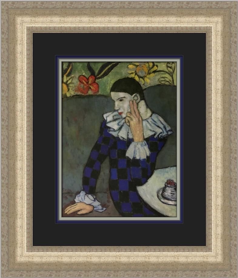 Pablo Picasso Seated Harlequin Custom Framed Print 1992: Pablo Picasso Seated Harlequin Custom Framed Print 1992 This stunning custom framed print features Pablo Picasso's iconic work, "Seated Harlequin." Measuring 19 in height and 17 in width, this medium-