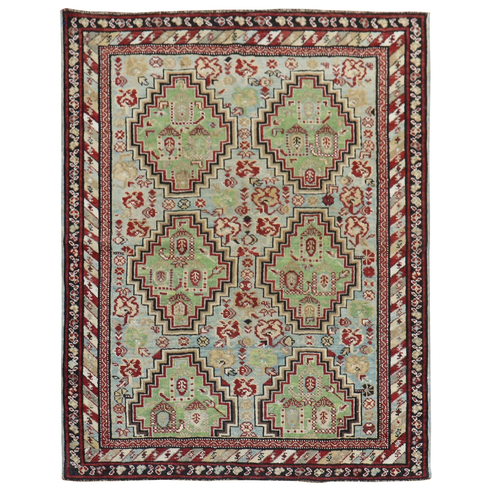 Antique Caucasian Baku Khila Hand-Knotted Wool Rug 1890 Agra Style: Antique Caucasian Baku Khila Hand-Knotted Wool Rug 1890 Agra Style This exquisite late 19th century antique Caucasian Baku Khila rug features a captivating design with six light green medallions, two 