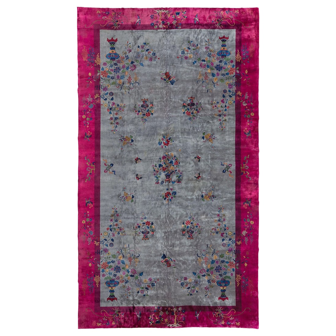 Stunning Palace Size Art Deco Chinese Rug Wool Hand-Woven 13'2 x 22'11: Stunning Palace Size Art Deco Chinese Rug Wool Hand-Woven 13'2 x 22'11 This stunning large Chinese Art Deco rug features a beautiful floral design set against a grey field with a rich plum border. Han