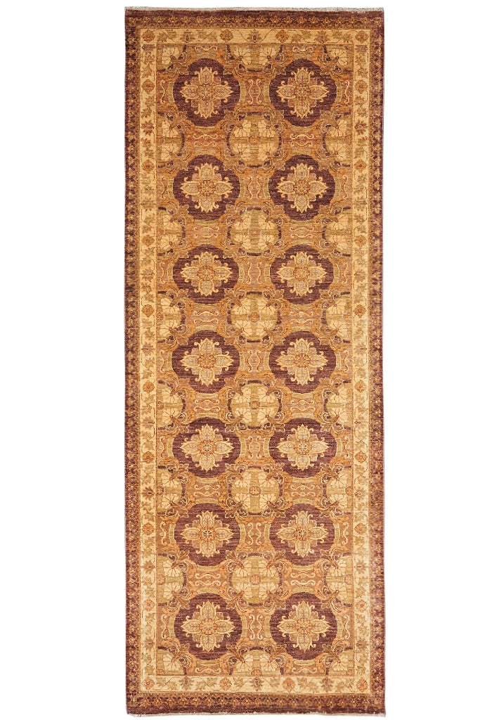 4 x 11.3 Hand-Knotted Ghazni Wool Runner Brown Geometric Floral Design: 4 x 11.3 Hand-Knotted Ghazni Wool Runner Brown Geometric Floral Design Free continental US Shipping This 4 x 11.3 hand-knotted runner is crafted from premium Ghazni wool, showcasing traditional crafts