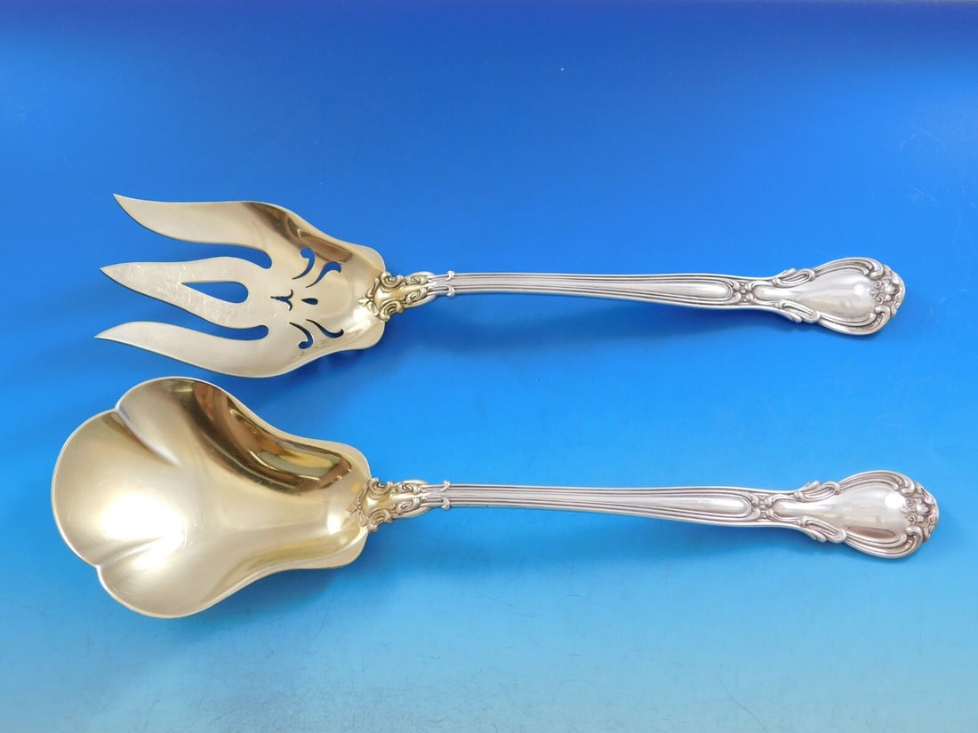 Gorham Chantilly Sterling Silver Salad Serving Set 2pc Gold Wash 10 1/4": Gorham Chantilly Sterling Silver Salad Serving Set 2pc Gold Wash 10 1/4" Introducing the Chantilly Salad Serving Set by Gorham, a stunning addition to your dining collection. This exquisite 2-piece se