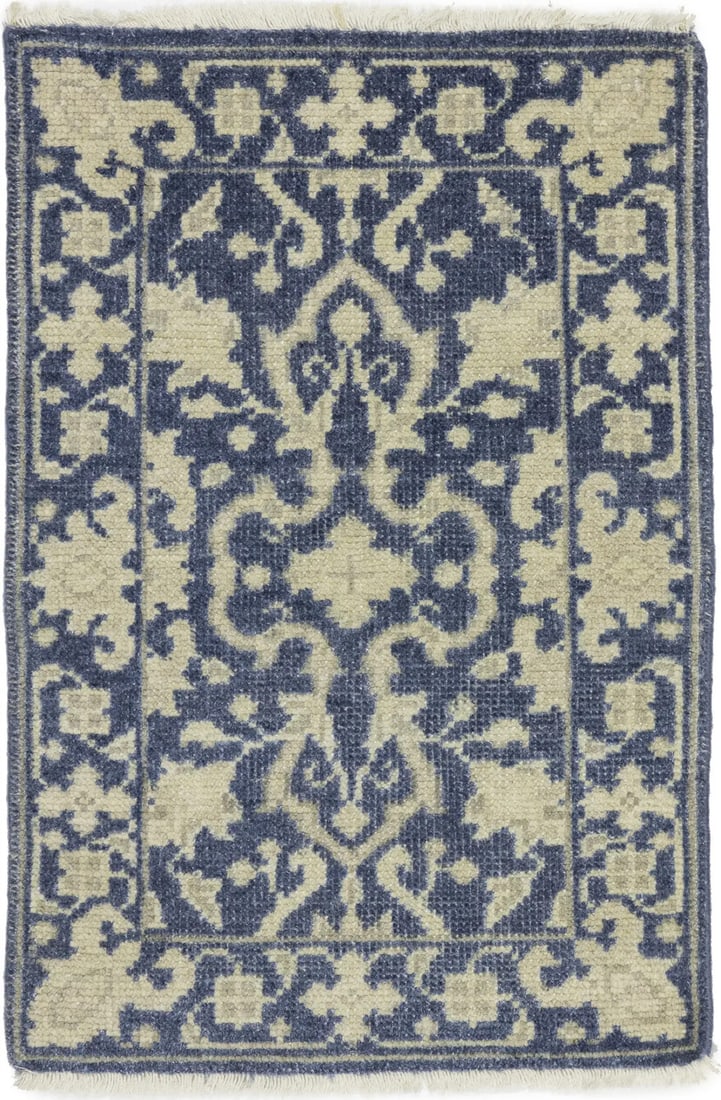 2'1 x 3'1 Wool Hand-Knotted Transitional Floral Area Rug Slate Blue Beige: 2'1 x 3'1 Wool Hand-Knotted Transitional Floral Area Rug Slate Blue Beige This is a hand-knotted wool area rug featuring a muted floral pattern in slate blue, cream, and beige tones. Crafted with a lo